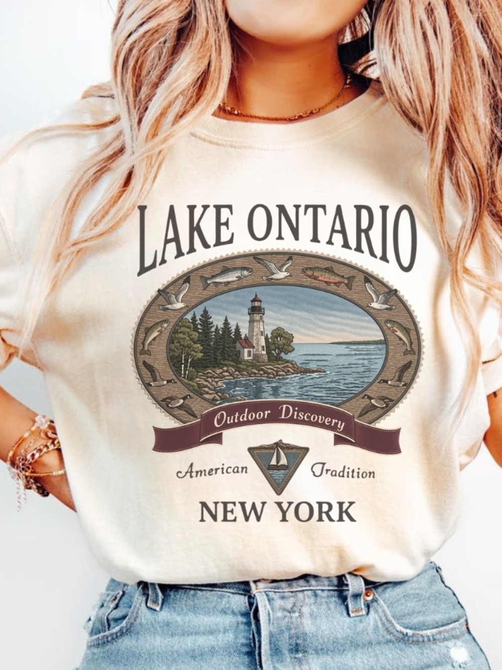 Vintage Lake Ontario New York Comfort Color Tee Fishing Boating Outdoor 90s Tee